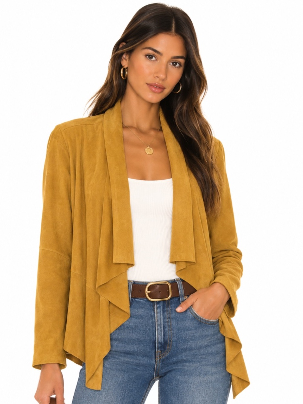 Bagatelle Collection Faux Suede Waterfall Front Mustard Yellow Jacket Size XL